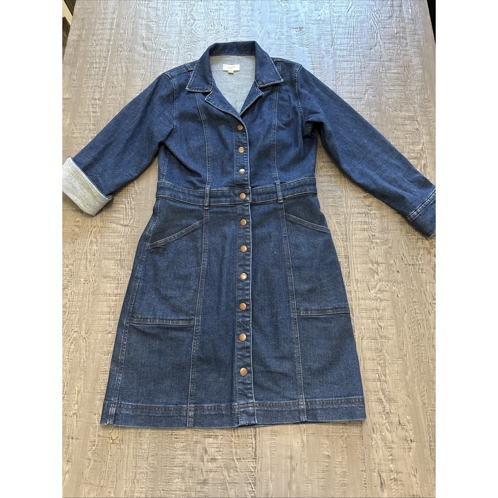 Loft Dark Blue Denim Snap-Front Midi Shirtdress Sz 0 Belt‎ loops Long Sleeve